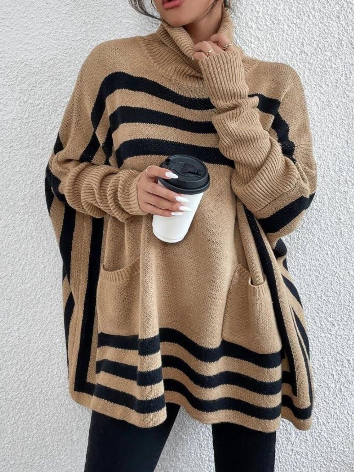 Striped Turtleneck Batwing Sleeve Sweater with Pockets-TOPS / DRESSES-[Adult]-[Female]-2022 Online Blue Zone Planet