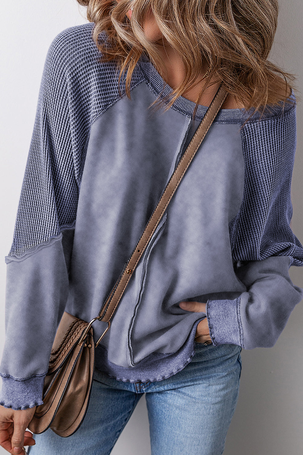 Orchid Petal Solid Waffle Knit Patchwork Raglan Sleeve Sweatshirt-Tops/Sweatshirts & Hoodies-[Adult]-[Female]-Sail Blue-S-2022 Online Blue Zone Planet