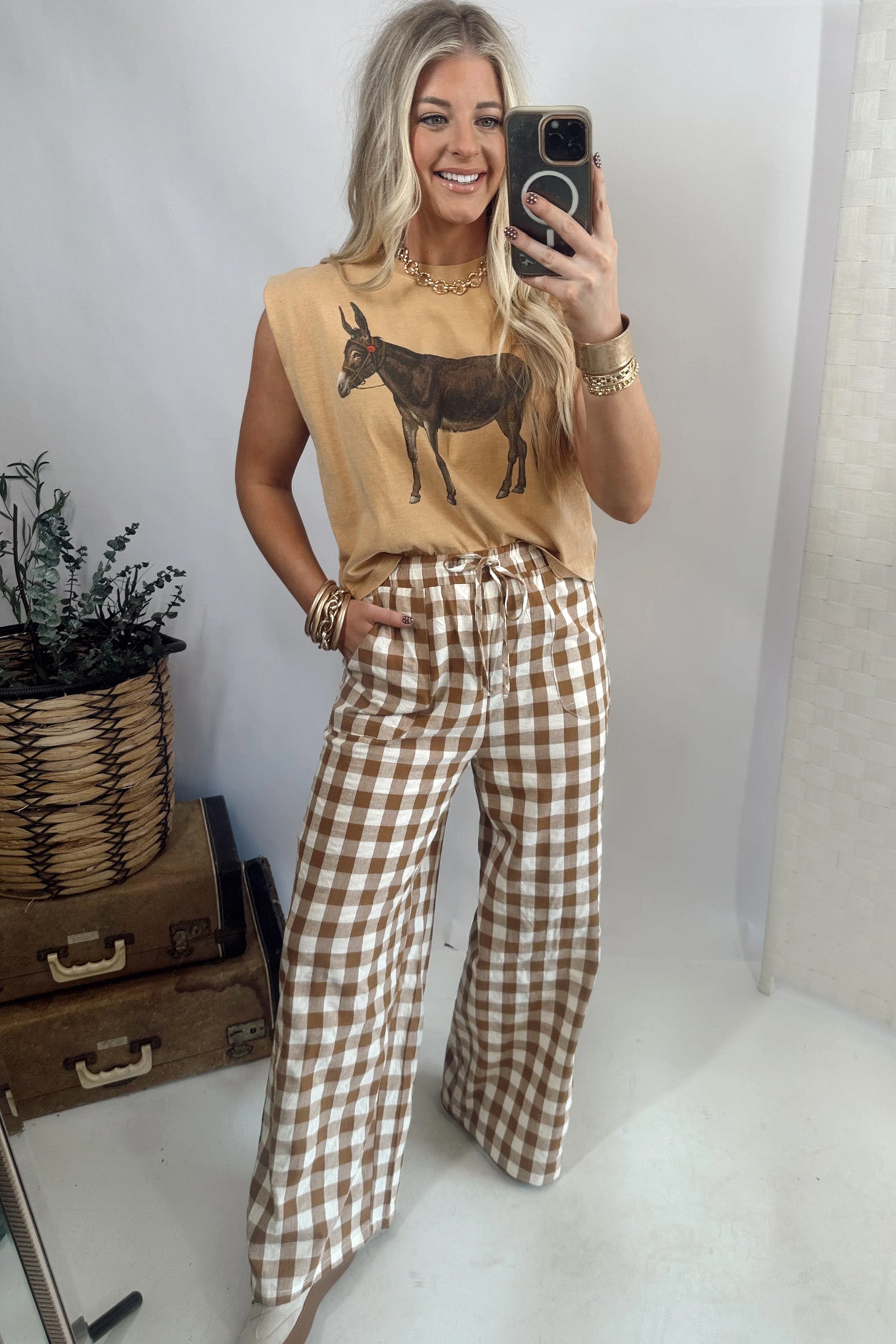 Brown Gingham Plaid Tie Elastic Waist Shift Pants-Bottoms/Pants & Culotte-[Adult]-[Female]-2022 Online Blue Zone Planet