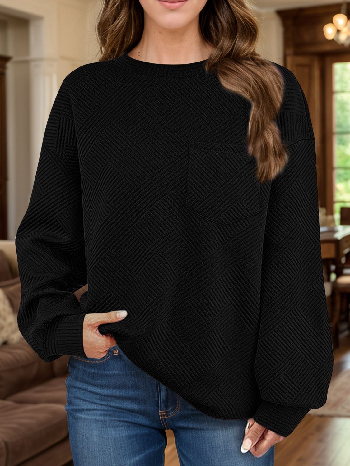 Full Size Texture Round Neck Long Sleeve Sweatshirt-TOPS / DRESSES-[Adult]-[Female]-Black-S-2022 Online Blue Zone Planet