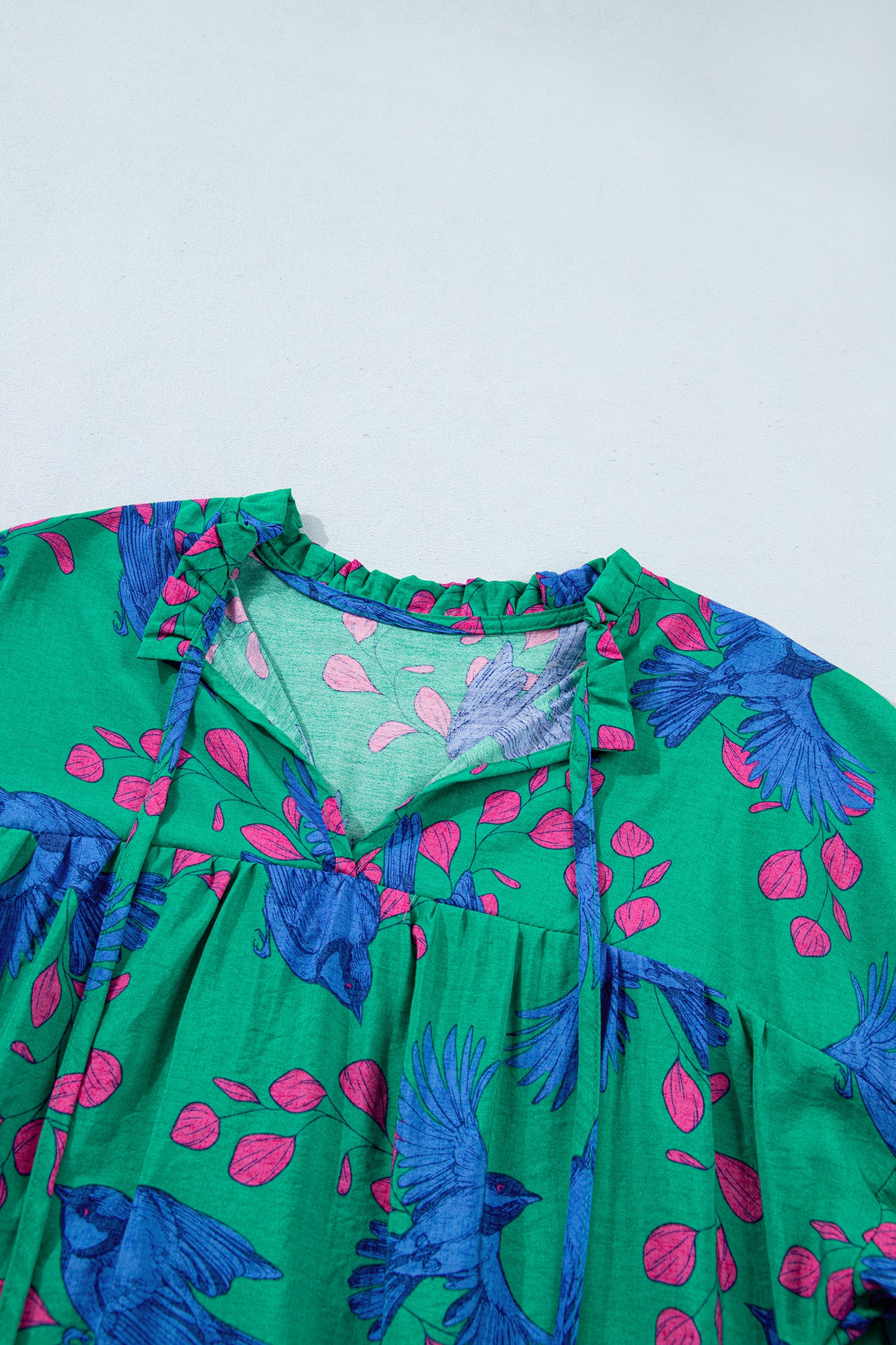 Green Abstract Print V Neck Flounced Puff Sleeve Blouse
