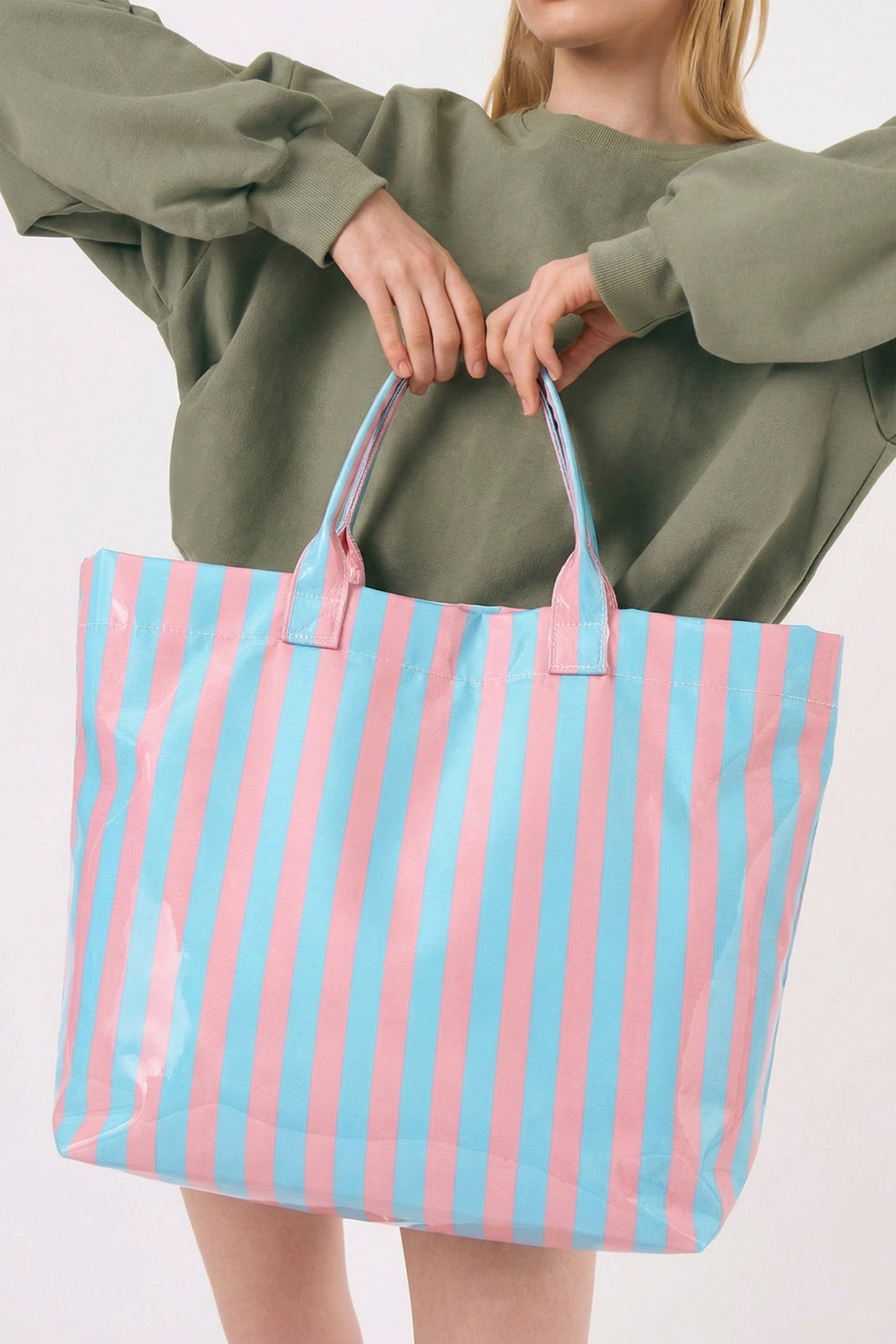 Blackish Green Glossy Striped Vinyl Large Tote Bag-Shoes & Bags/Handbags-[Adult]-[Female]-Light Blue-ONE SIZE-2022 Online Blue Zone Planet