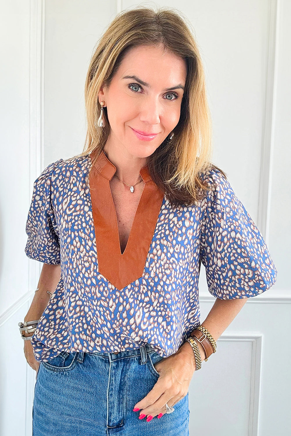 Ashleigh Blue Leopard Print Spot Contrast V Neck Half Puff Sleeve Shirt-Tops/Blouses & Shirts-[Adult]-[Female]-2022 Online Blue Zone Planet