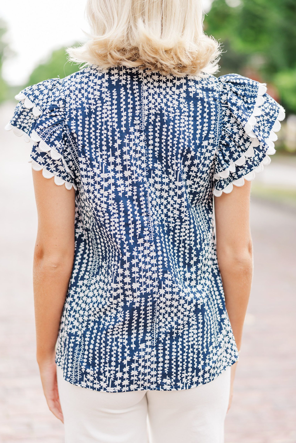 Pink Abstract Print Ric Rac Trim Flutter Sleeve Notch V Neck Blouse-Blouses-[Adult]-[Female]-2022 Online Blue Zone Planet