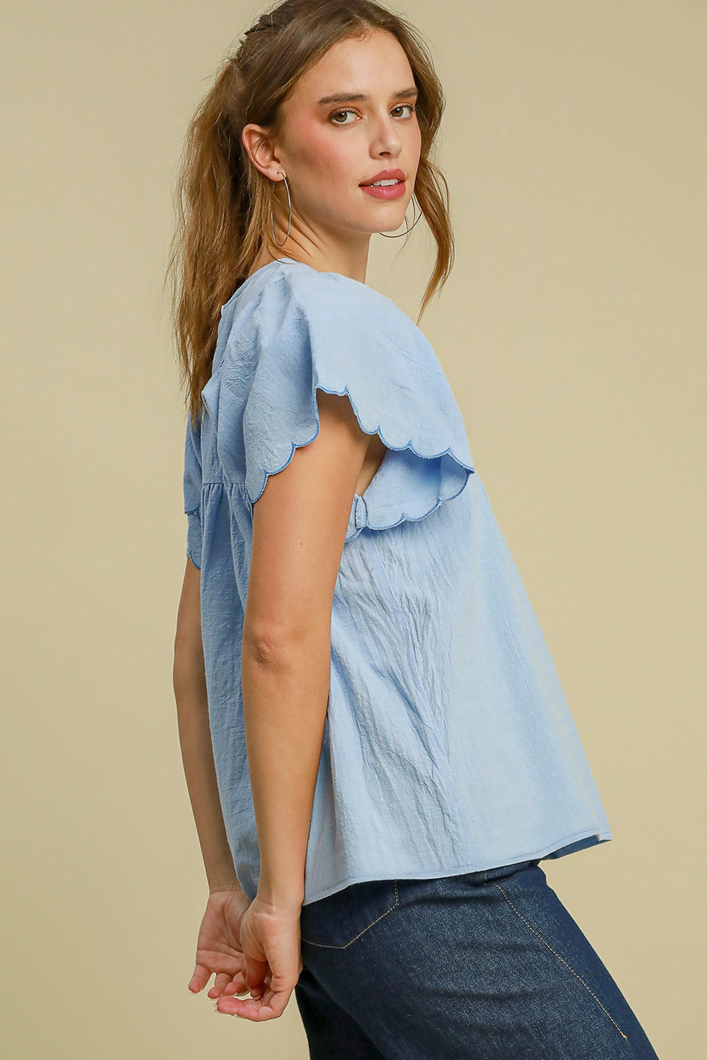 Beau Blue Solid Color Embroidered Scalloped Sleeves Crew Neck Blouse-Tops/Blouses & Shirts-[Adult]-[Female]-2022 Online Blue Zone Planet