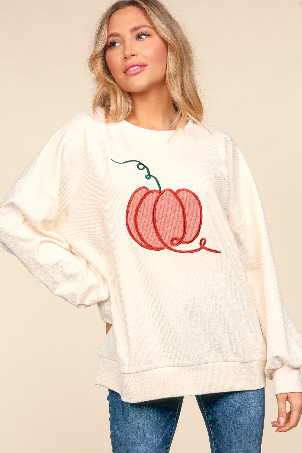 Blue Zone Planet | Haptics Full Size Embroidery Pumpkin Long Sleeve Knit Top-TOPS / DRESSES-[Adult]-[Female]-2022 Online Blue Zone Planet