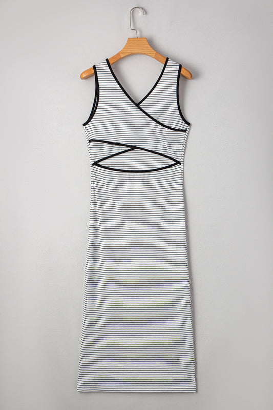 White Stripe Criss Cross Side Slits Slim Fit Sleeveless Midi Dress-TOPS / DRESSES-[Adult]-[Female]-2022 Online Blue Zone Planet