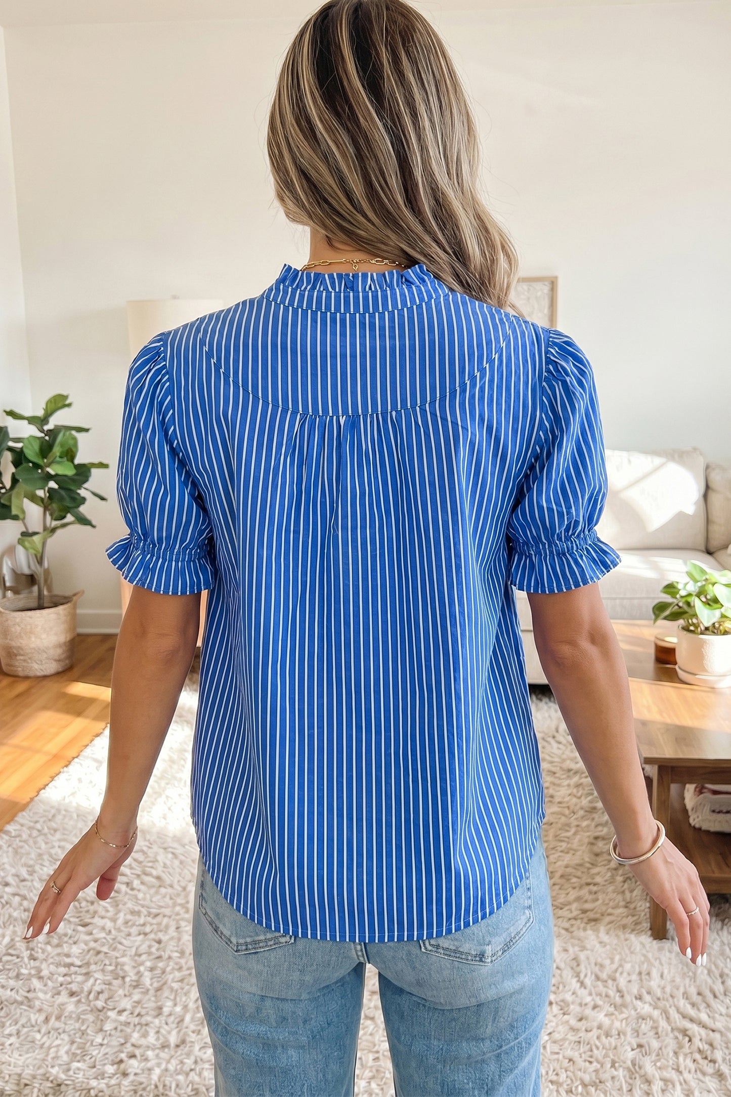 Blue Stripe Ruffled Short Puff Sleeve Button Front Blouse-Tops/Blouses & Shirts-[Adult]-[Female]-2022 Online Blue Zone Planet