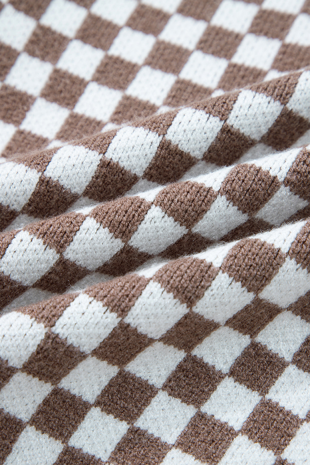 Dark Brown Half Button Ribbed Trim Checkerboard Knit Sweater-Sweaters & Cardigans/Sweaters-[Adult]-[Female]-2022 Online Blue Zone Planet