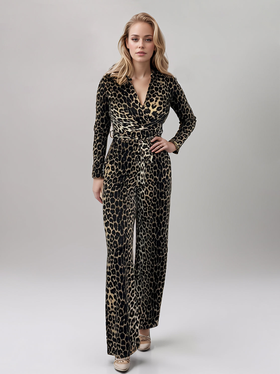 Full Size Leopard Tie Waist Long Sleeve Jumpsuit Plus Size-TOPS / DRESSES-[Adult]-[Female]-2022 Online Blue Zone Planet