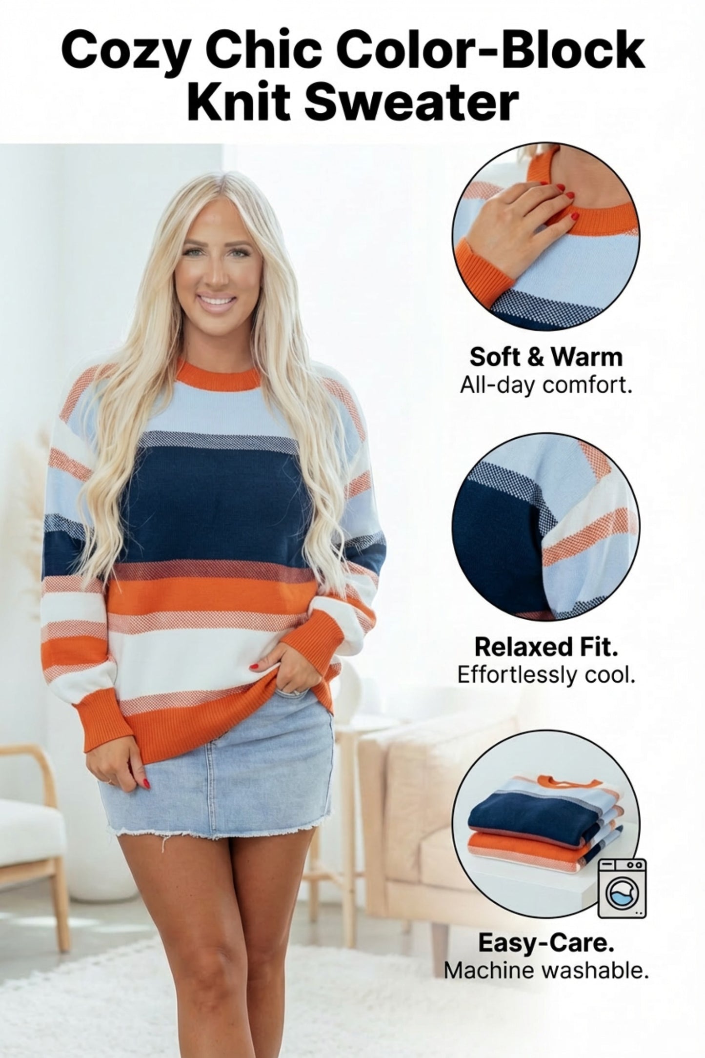 Dark Blue Color Block Round Neck Tunic Sweater-Sweaters & Cardigans/Sweaters-[Adult]-[Female]-2022 Online Blue Zone Planet