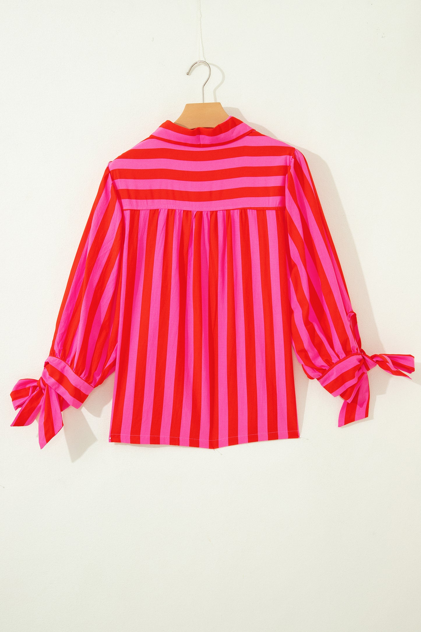 Red Stripe Tie Puff Sleeve Womens Button Down Shirt-Tops/Blouses & Shirts-[Adult]-[Female]-2022 Online Blue Zone Planet