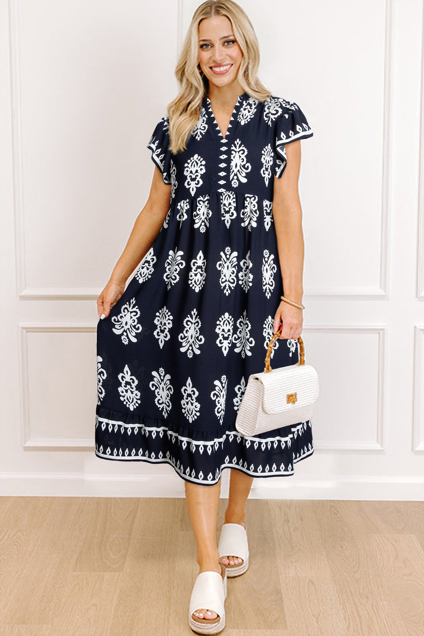 Blue Western Ethnic Print Notched Neck Short Sleeve Midi Dress-Dresses/Midi Dresses-[Adult]-[Female]-2022 Online Blue Zone Planet