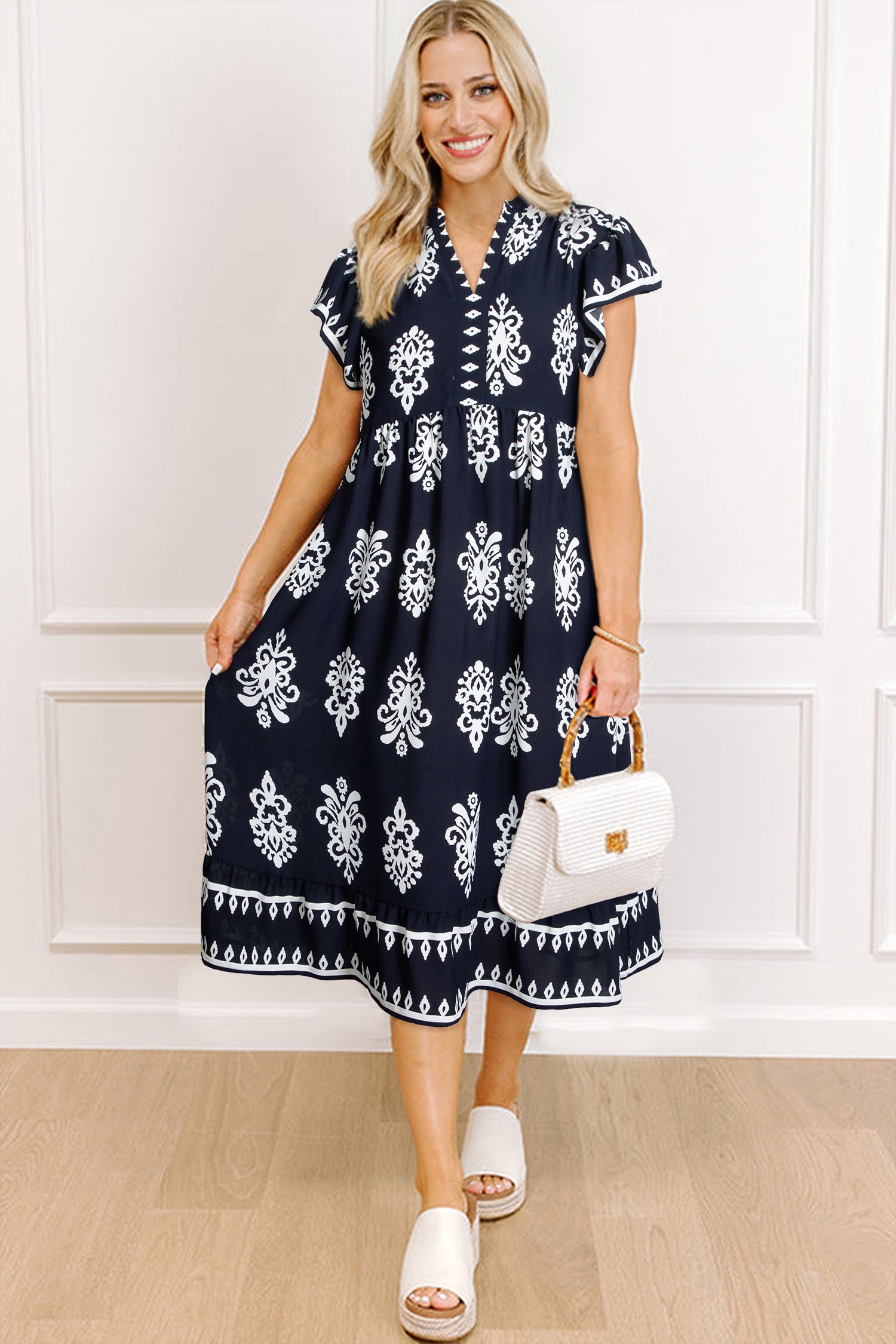 Blue Western Ethnic Print Notched Neck Short Sleeve Midi Dress-Dresses/Midi Dresses-[Adult]-[Female]-2022 Online Blue Zone Planet