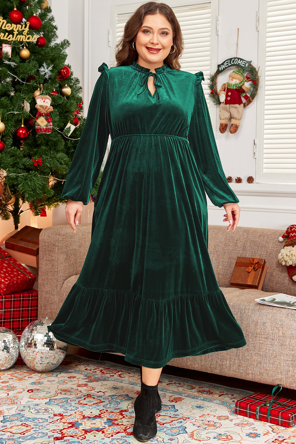 Blue Zone Planet | Blackish Green Velvet Frilled up Neck Ruffled High Waist Plus Size Midi Dress-TOPS / DRESSES-[Adult]-[Female]-2022 Online Blue Zone Planet