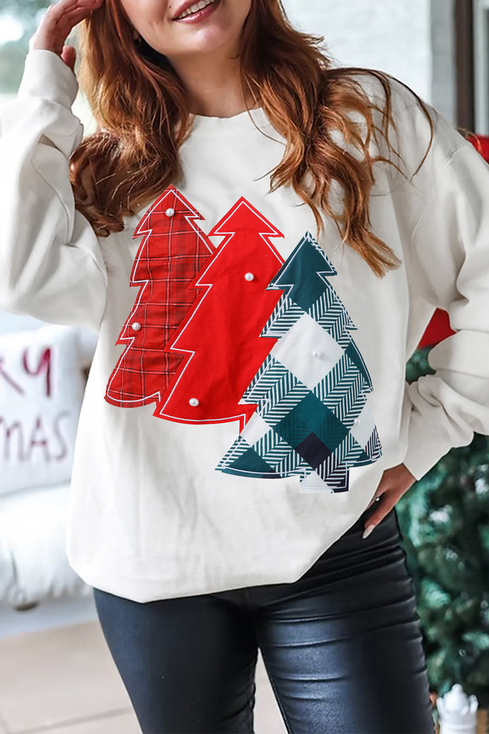 White Pearl Plaid Christmas Tree Patched Drop Shoulder Sweatshirt-Tops/Sweatshirts & Hoodies-[Adult]-[Female]-White-S-2022 Online Blue Zone Planet