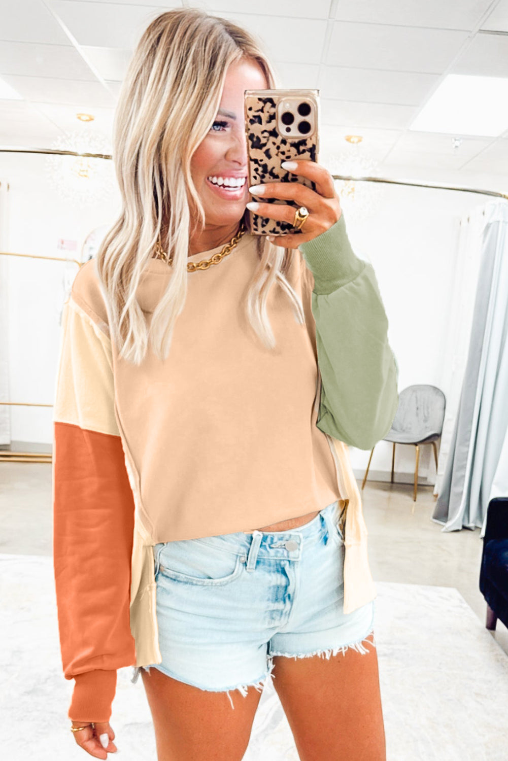 Beige Color Block Patchwork Split Hem Casual Sweatshirt-Tops/Sweatshirts & Hoodies-[Adult]-[Female]-2022 Online Blue Zone Planet