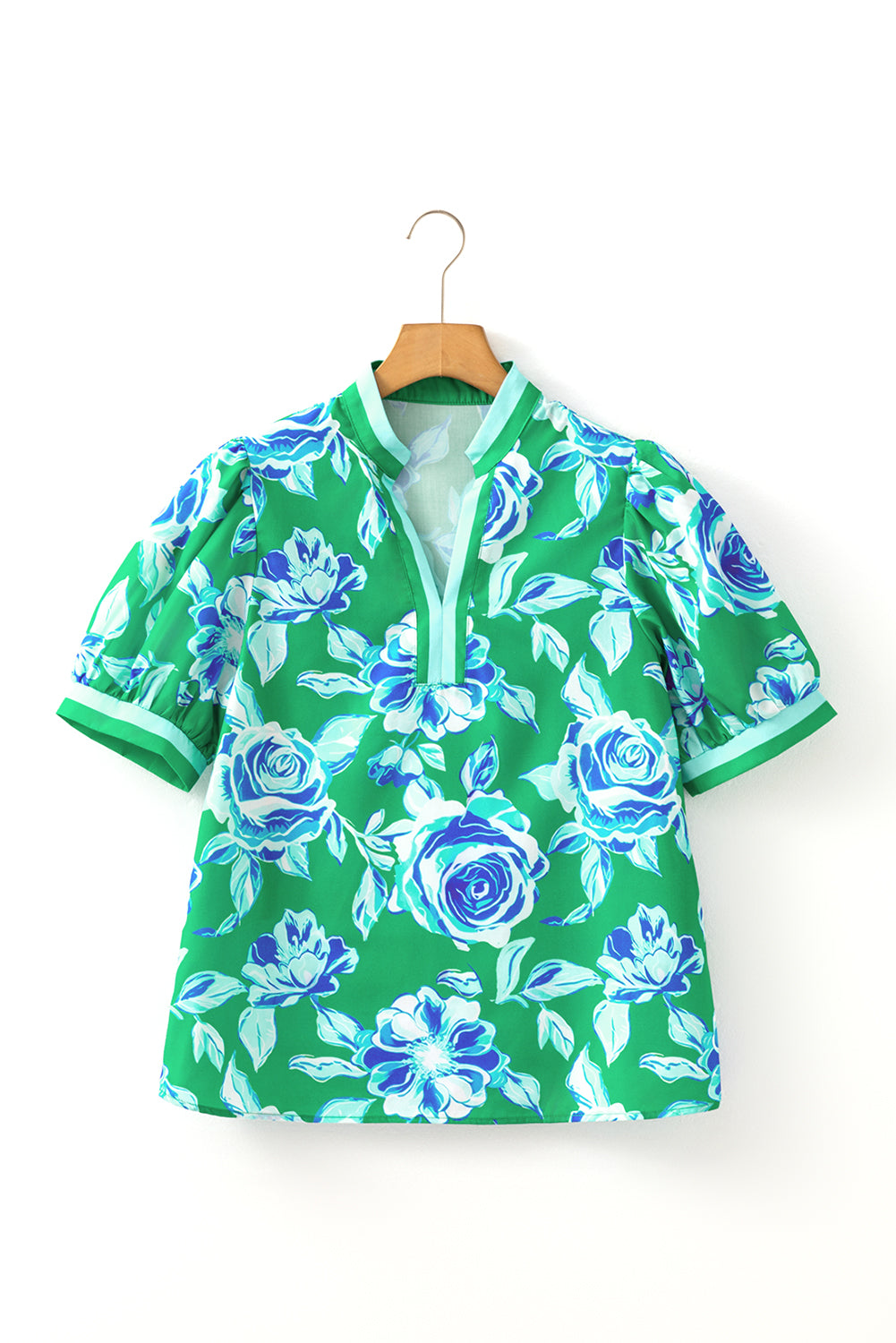 Bright Green Rose Floral Print Puff Short Sleeve Summer Blouse-Tops/Blouses & Shirts-[Adult]-[Female]-2022 Online Blue Zone Planet