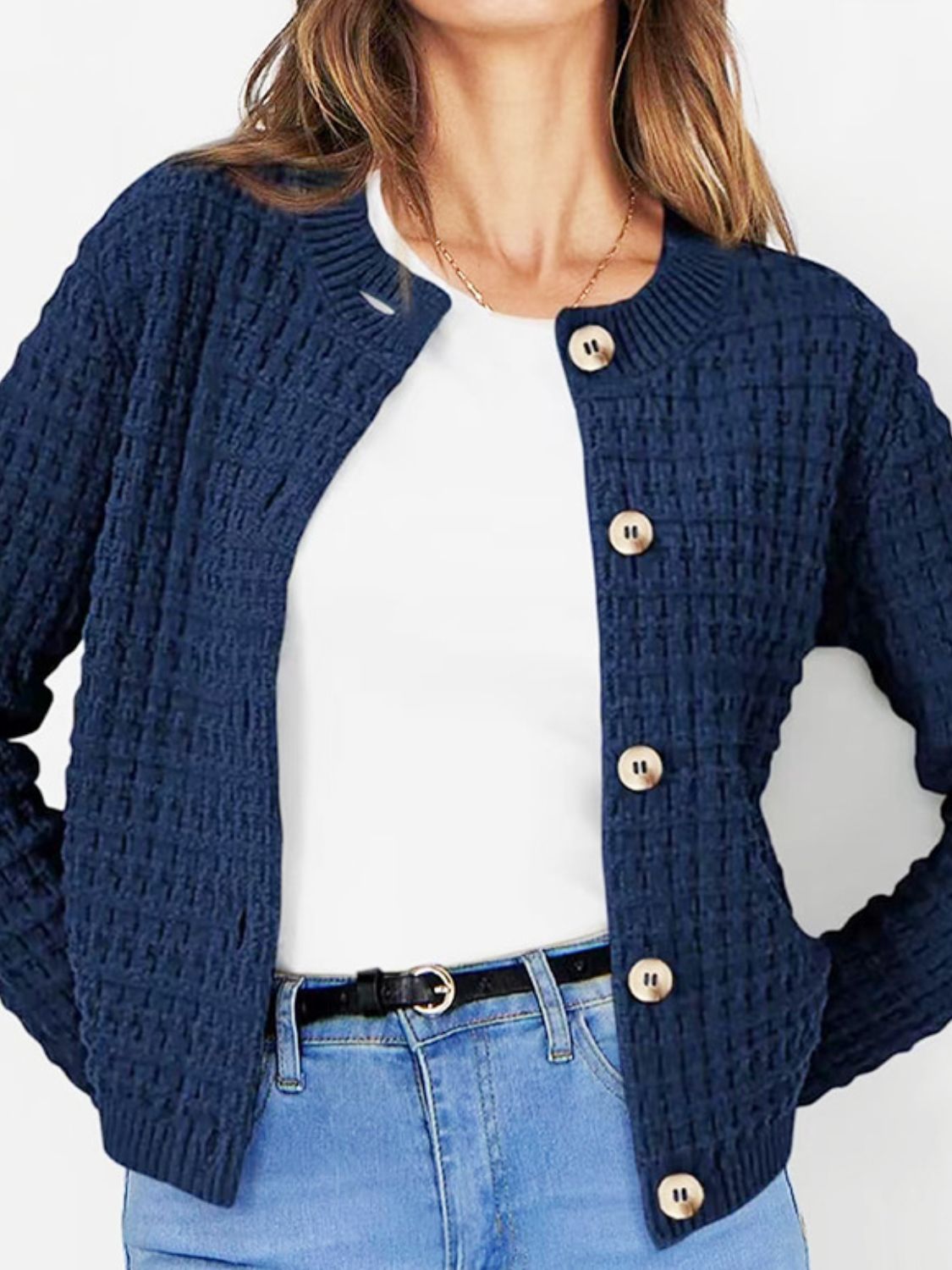 Button Up Round Neck Long Sleeve Cardigan-TOPS / DRESSES-[Adult]-[Female]-Navy-S-2022 Online Blue Zone Planet