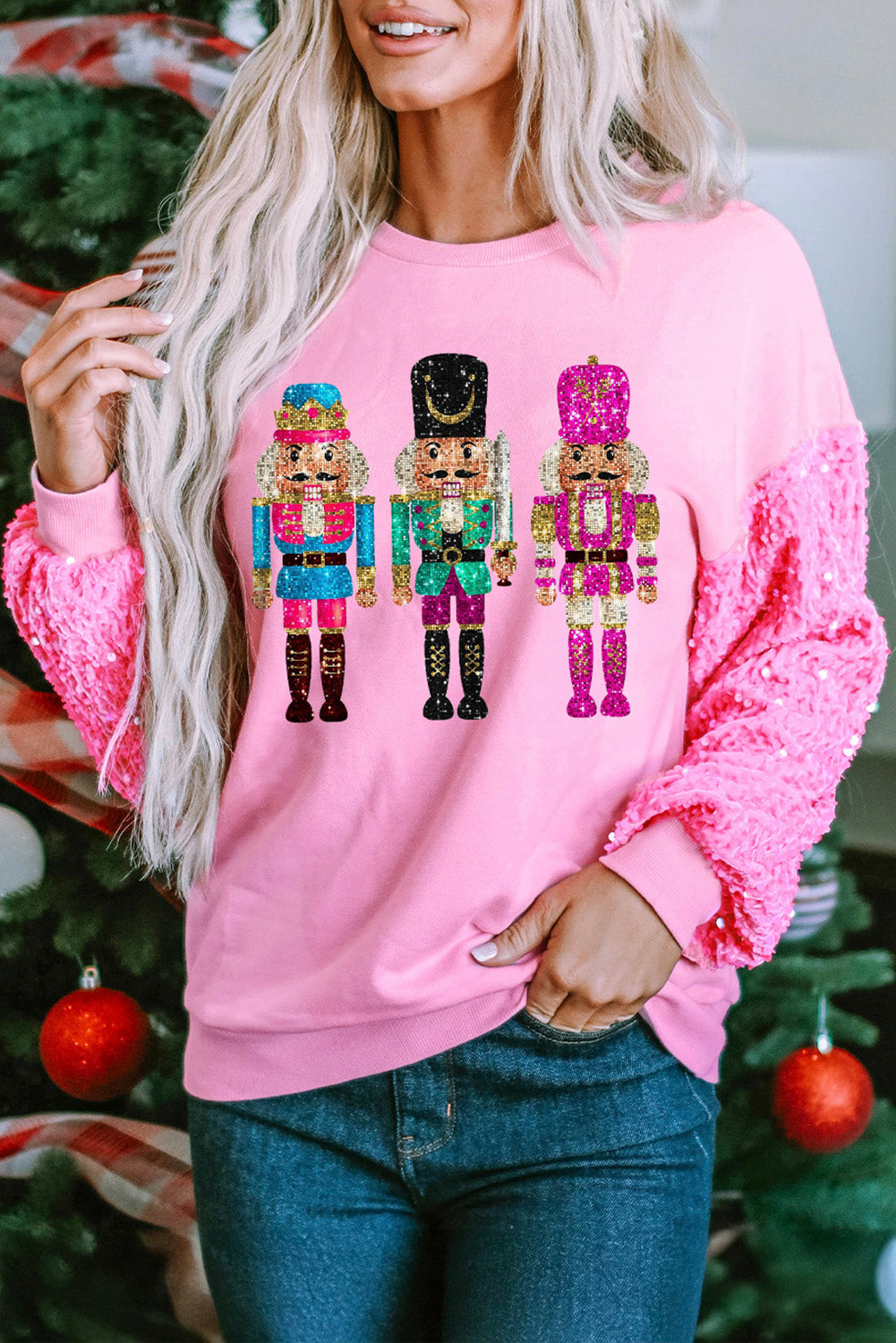 Blue Zone Planet | Pink Nutcracker Graphic Christmas Sequin Sleeve Drop Shoulder Sweatshirt-Graphic Sweatshirts-[Adult]-[Female]-2022 Online Blue Zone Planet