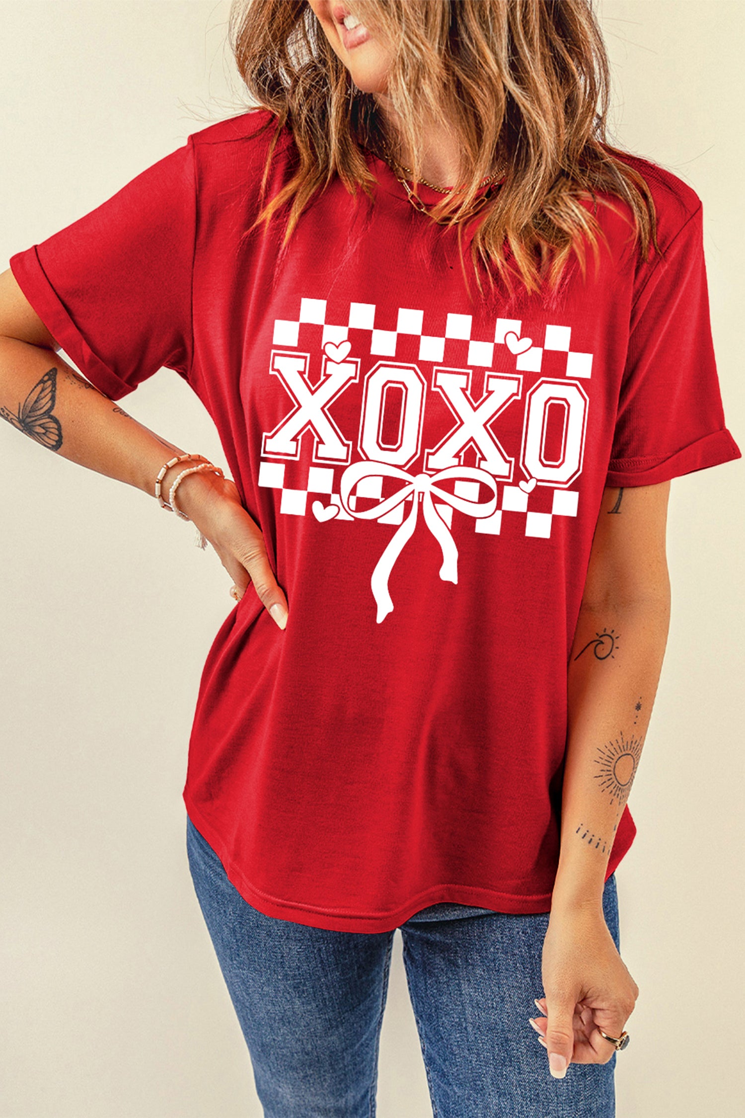 Red Xoxo Checkered Ribbon Bow Print Valentines Day T Shirt-Graphic Tees-[Adult]-[Female]-2022 Online Blue Zone Planet