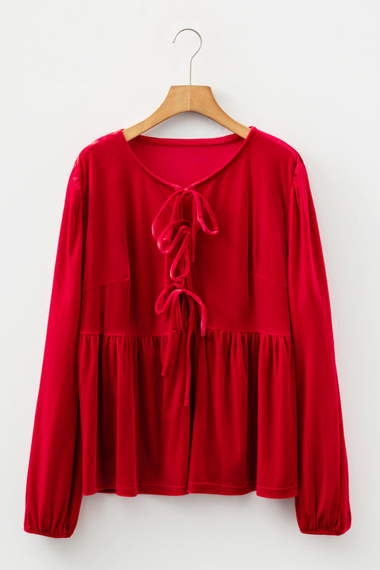 Red Clay Plus Size Tie Front Velvet Peplum Blouse-Plus Size/Plus Size Tops/Plus Size Blouses & Shirts-[Adult]-[Female]-2022 Online Blue Zone Planet