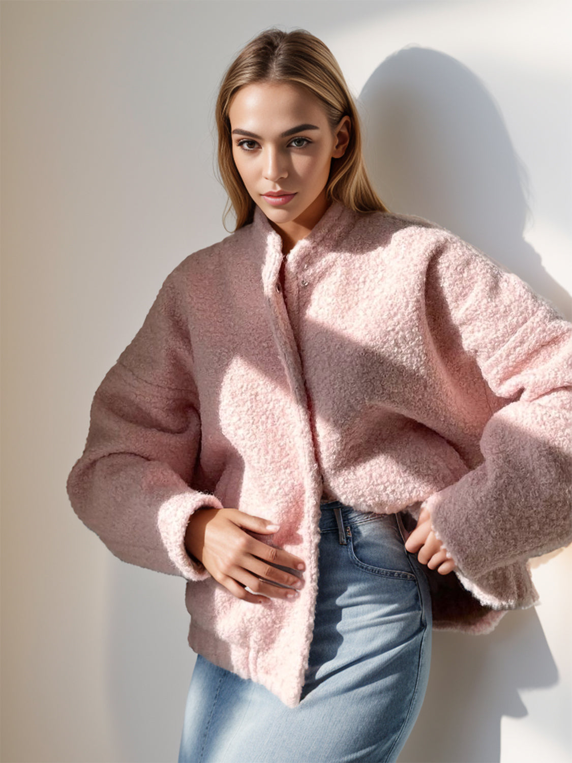 Double Take Plush Mock Neck Snap Down Jacket with Pockets-TOPS / DRESSES-[Adult]-[Female]-Blush Pink-S-2022 Online Blue Zone Planet