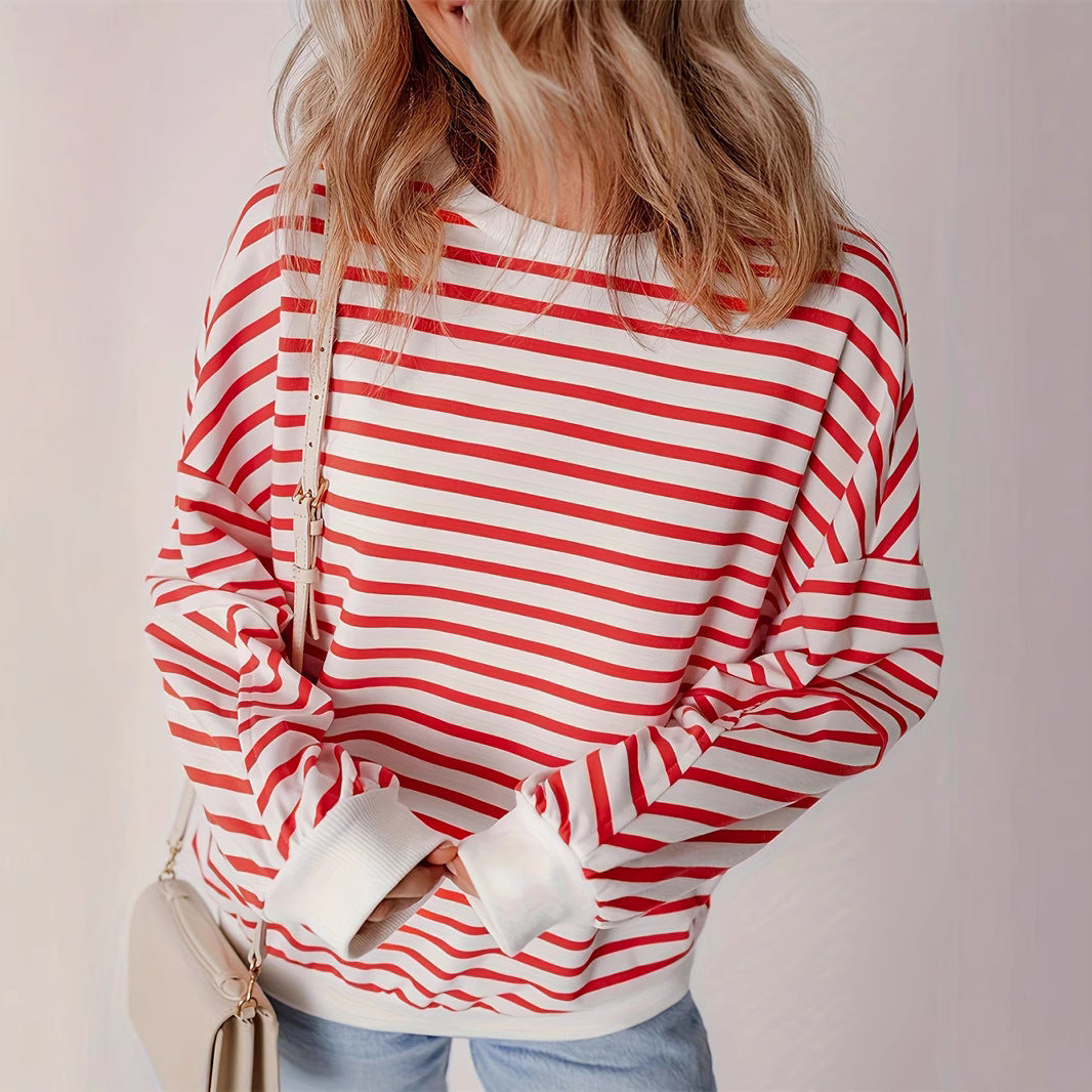 Full Size Striped Round Neck Long Sleeve Sweatshirt Plus Size-TOPS / DRESSES-[Adult]-[Female]-Orange-Red-XL-2022 Online Blue Zone Planet