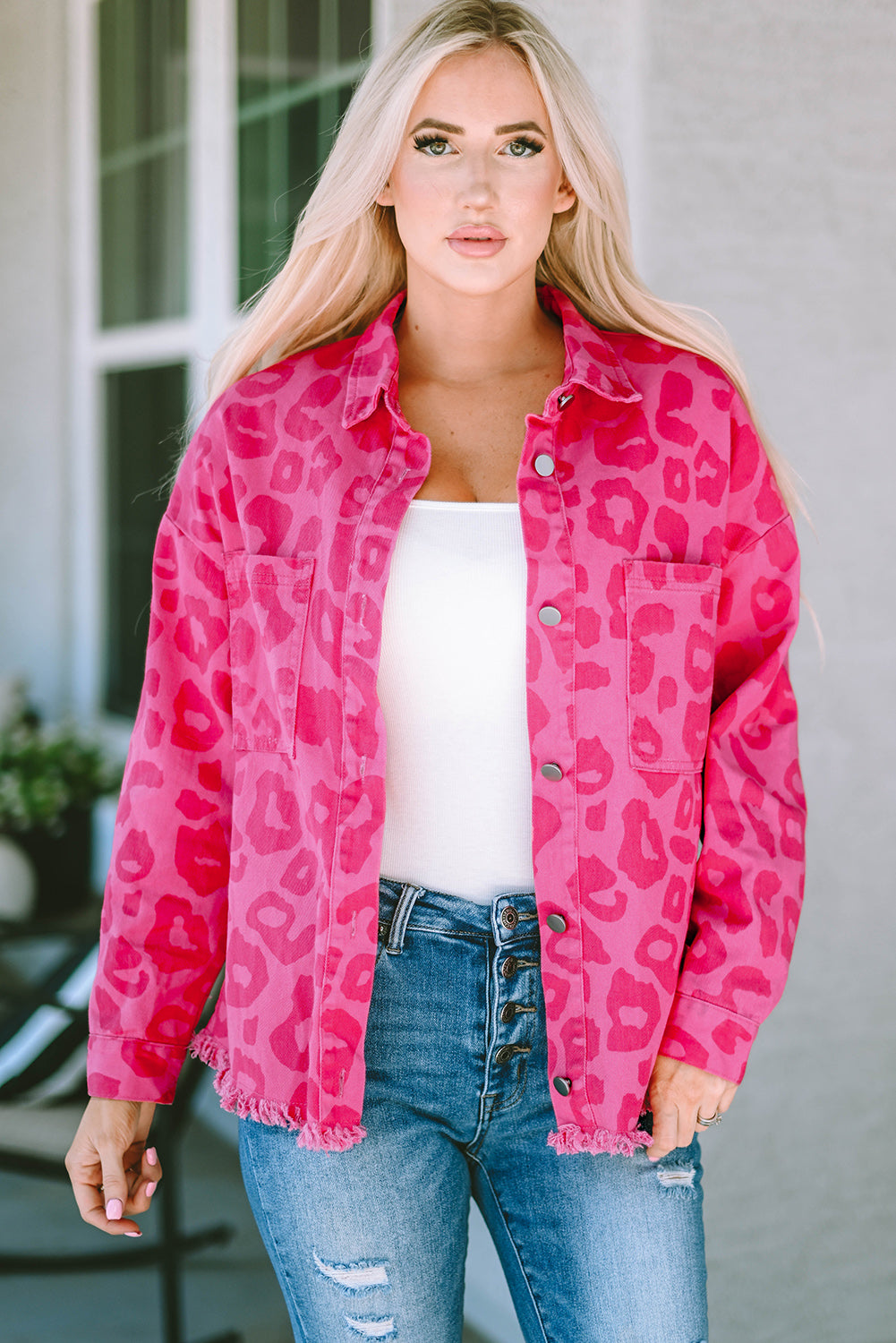 Pink Leopard Print Button Cuffs Raw Hem Jacket-Sale (50% OFF)/30% OFF-[Adult]-[Female]-2022 Online Blue Zone Planet