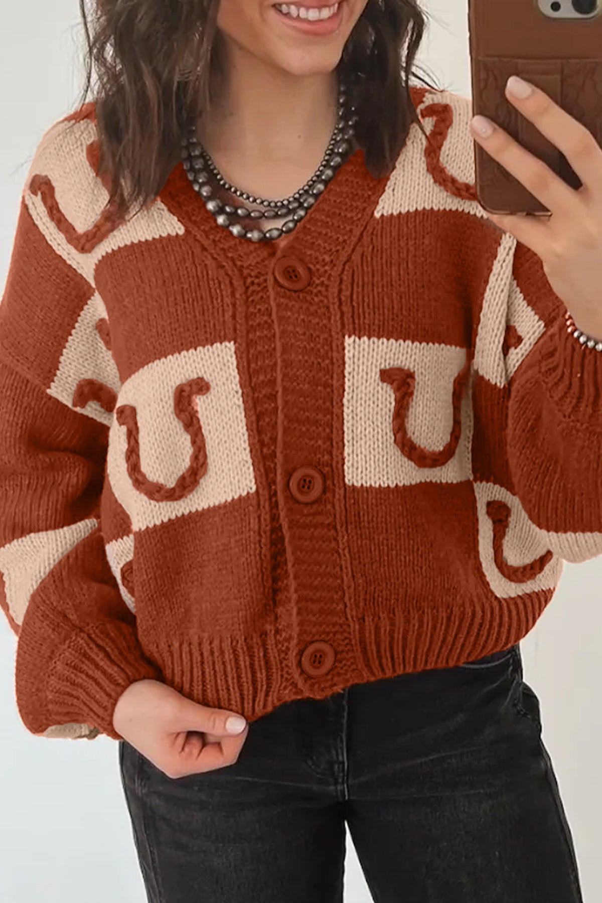 Brown Horseshoe Plaid V Neck Knit Button Front Sweater Cardigan-Sweaters & Cardigans/Cardigans-[Adult]-[Female]-2022 Online Blue Zone Planet