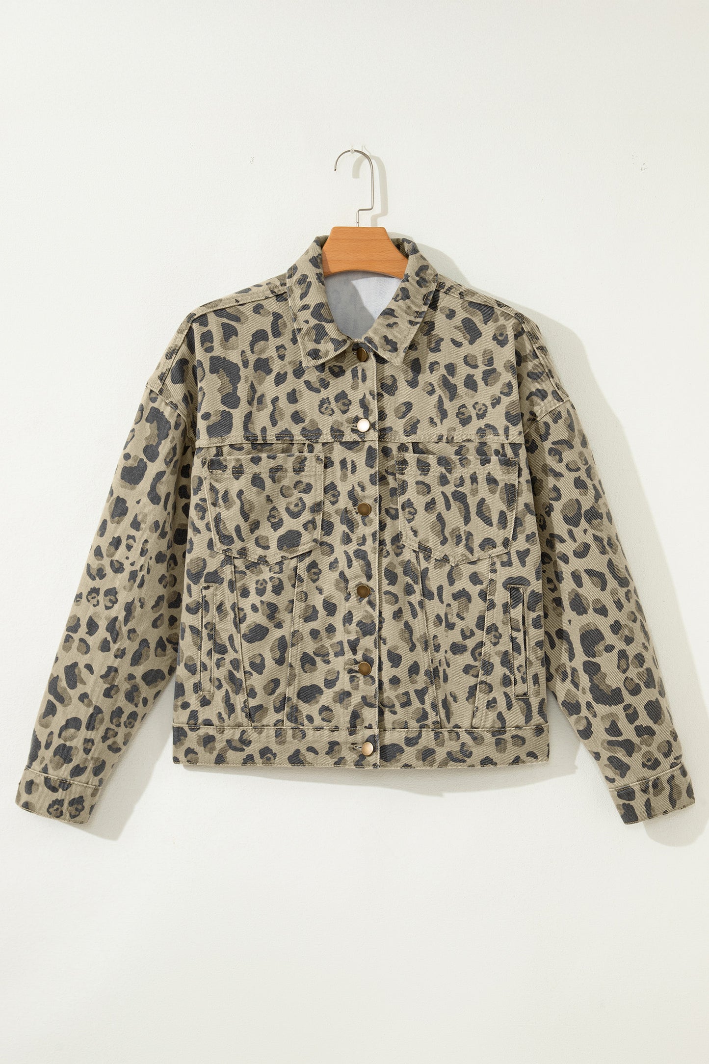 Khaki Retro Leopard Print Seam Detail Button Down Denim Jacket-Outerwear/Denim jackets-[Adult]-[Female]-2022 Online Blue Zone Planet