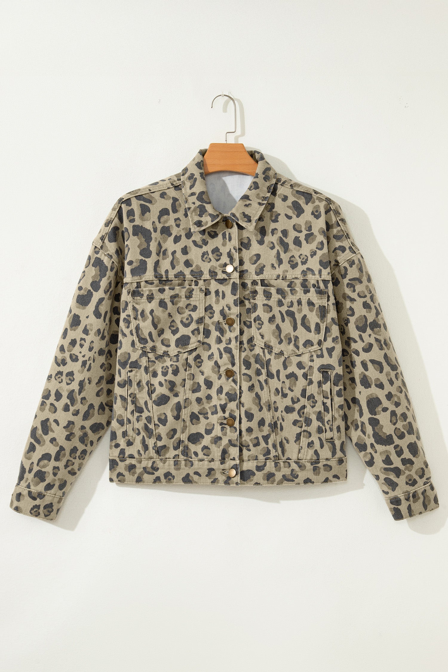 Khaki Retro Leopard Print Seam Detail Button Down Denim Jacket-Outerwear/Denim jackets-[Adult]-[Female]-2022 Online Blue Zone Planet