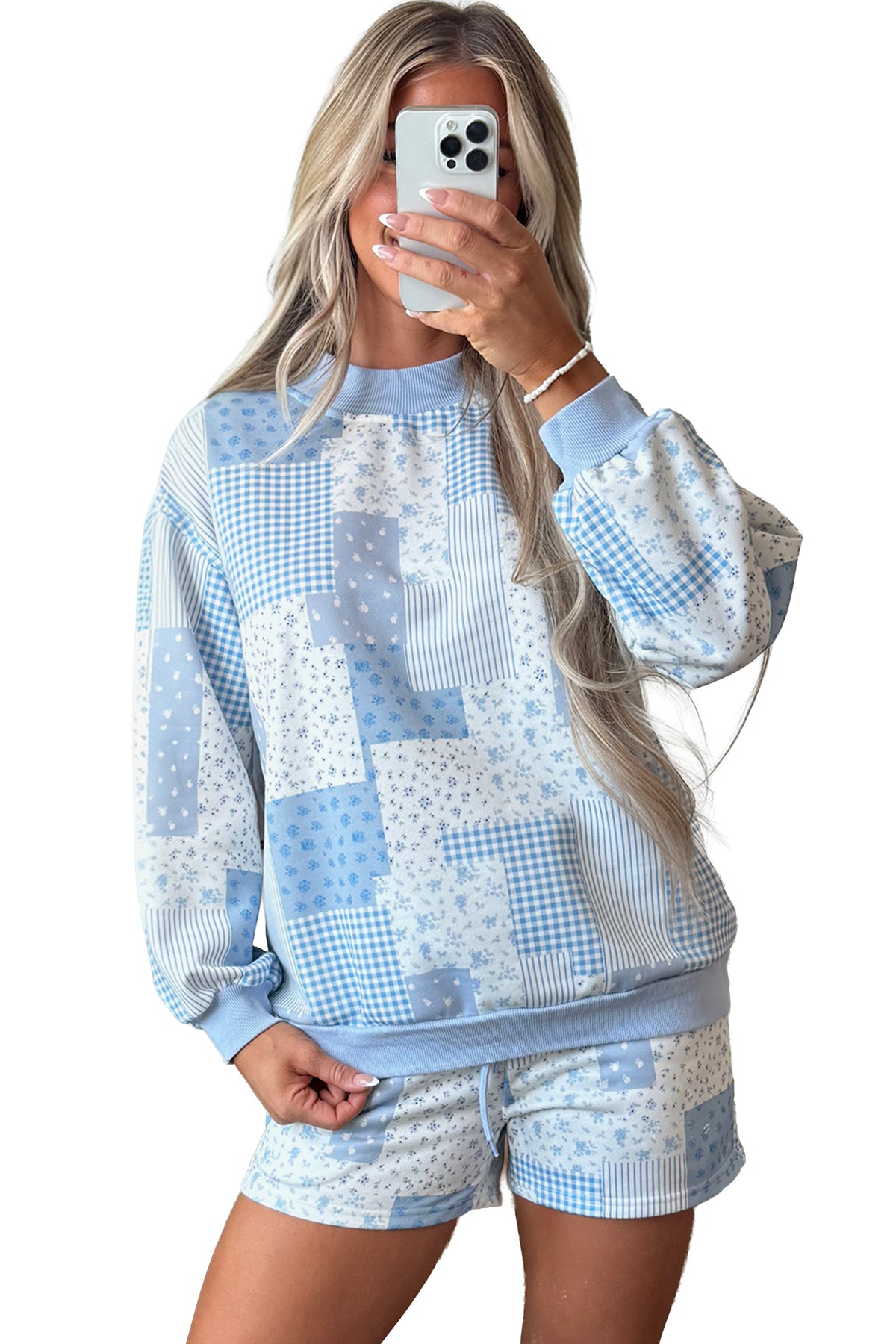 Sky Blue Patchwork Floral Print Drop Shoulder Baggy Pullover Drawstring Shorts Set-Two Piece Sets/Short Sets-[Adult]-[Female]-2022 Online Blue Zone Planet