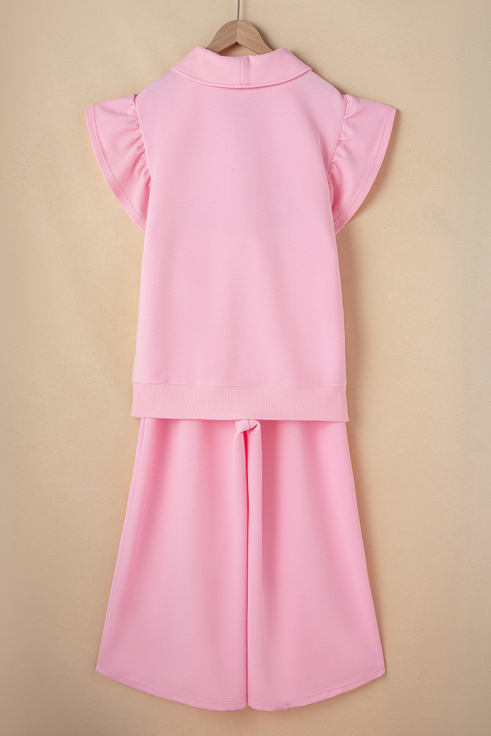 Pink Textured Ruffled Sleeve Zipped Top and Wide Leg Pants Set-Two Piece Sets/Pant Sets-[Adult]-[Female]-2022 Online Blue Zone Planet
