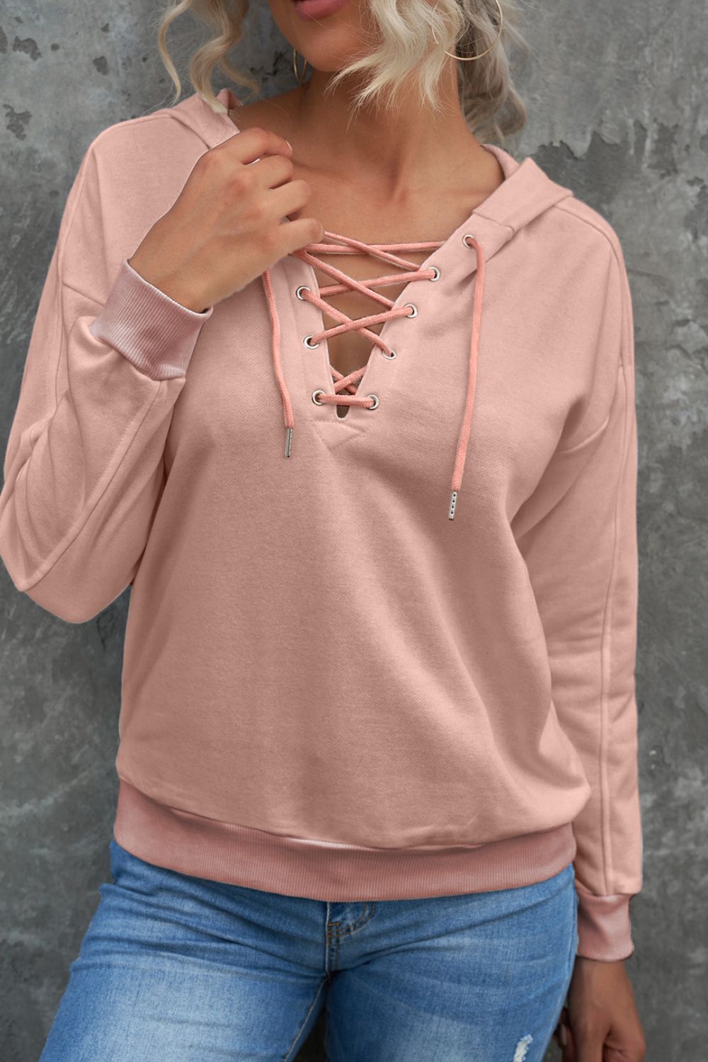 Lace Up Long Sleeve Hoodie-TOPS / DRESSES-[Adult]-[Female]-2022 Online Blue Zone Planet