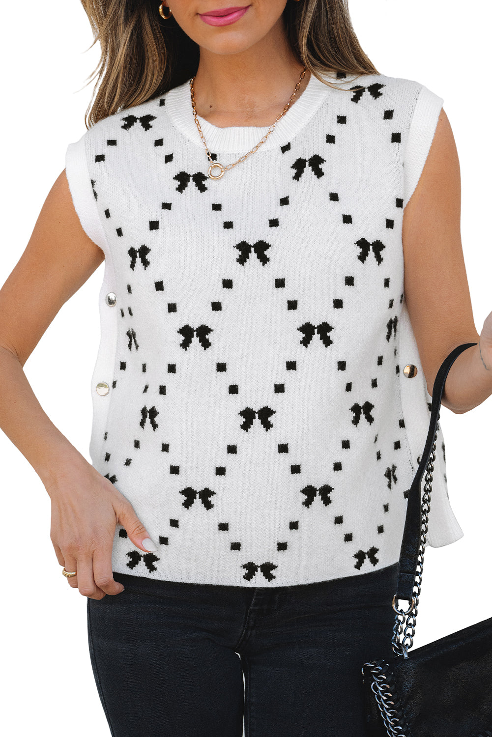 White Bow Pattern Buttoned Side Cropped Sweater Vest-Sweaters & Cardigans/Sweater Vests-[Adult]-[Female]-2022 Online Blue Zone Planet