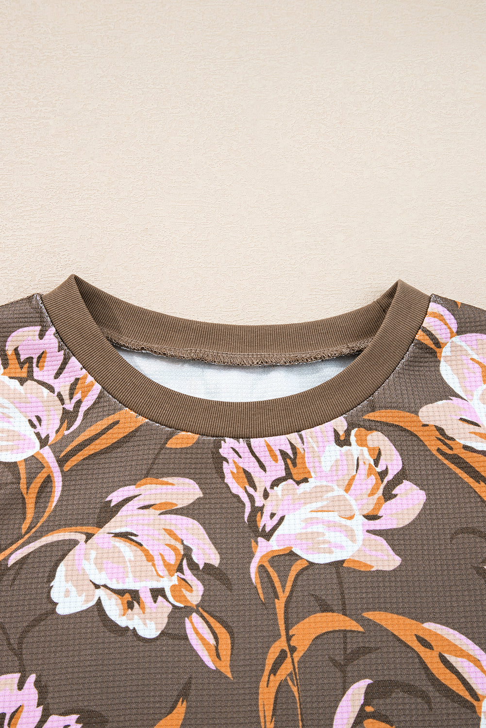 Brown Floral Print Waffle Textured Long Sleeve Top-Tops/Long Sleeve Tops-[Adult]-[Female]-2022 Online Blue Zone Planet