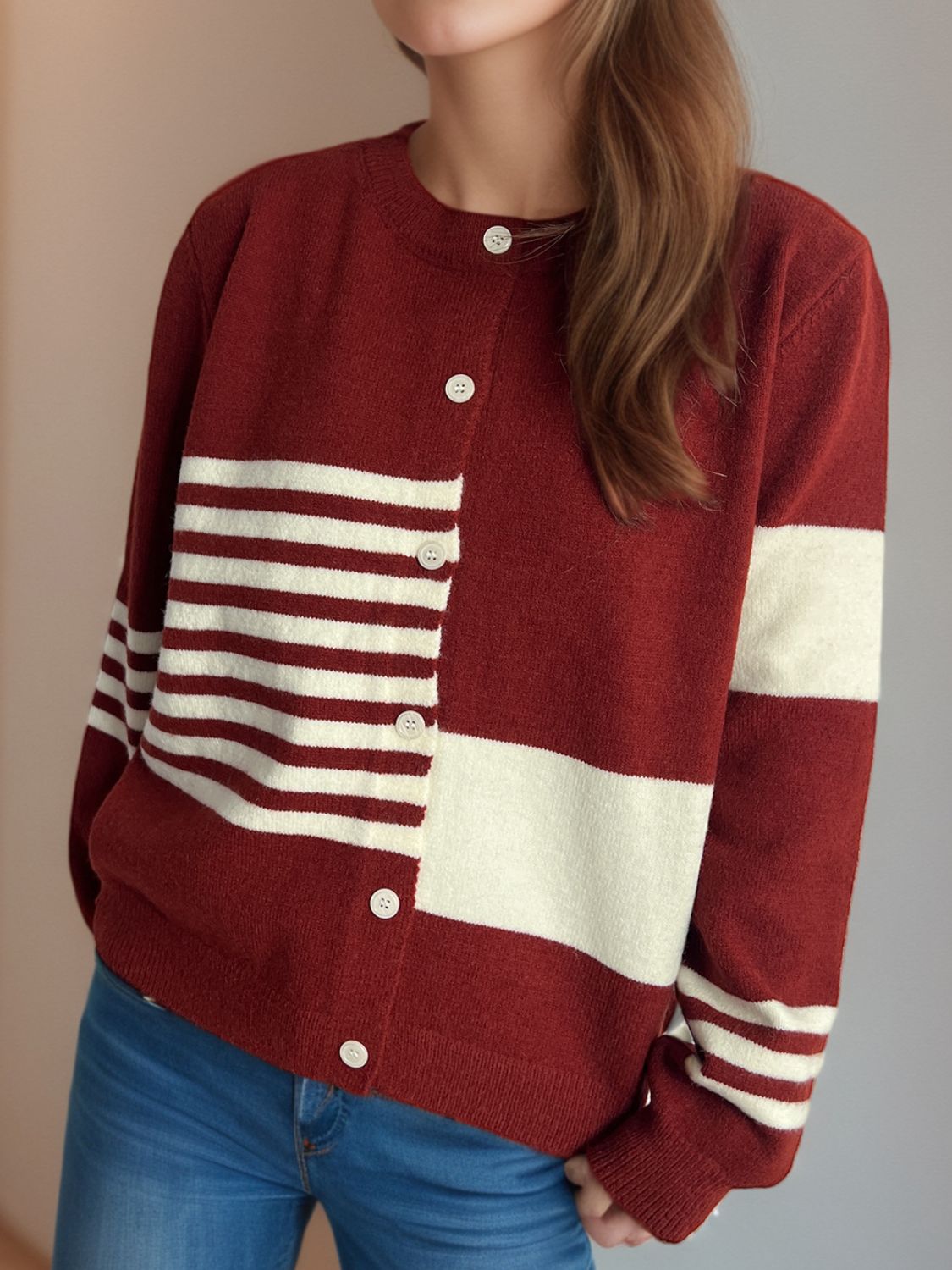 Blue Zone Planet | Striped Color Block Round Neck Cardigan-TOPS / DRESSES-[Adult]-[Female]-2022 Online Blue Zone Planet