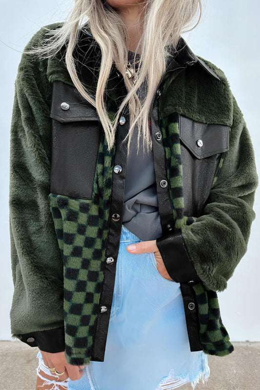 Blue Zone Planet | Pocketed Checkered Collared Neck Snap Down Jacket-TOPS / DRESSES-[Adult]-[Female]-Dark Green-S-2022 Online Blue Zone Planet