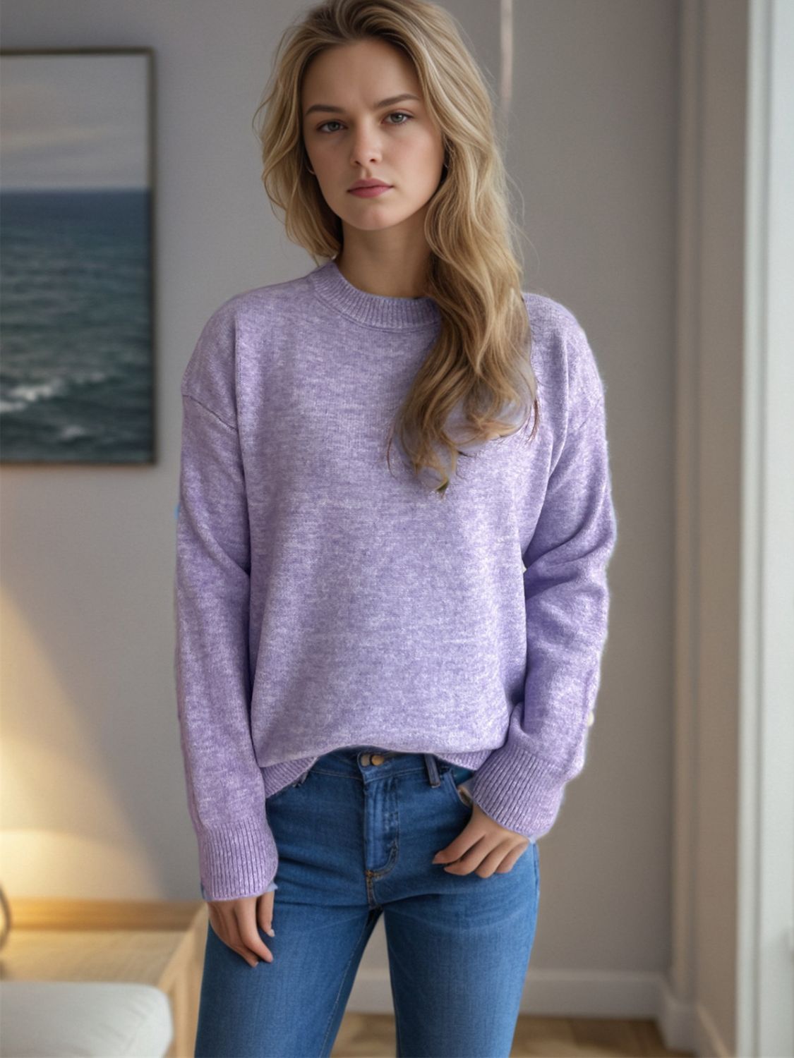 Blue Zone Planet | Round Neck Drop Shoulder Long Sleeve Sweater-TOPS / DRESSES-[Adult]-[Female]-2022 Online Blue Zone Planet