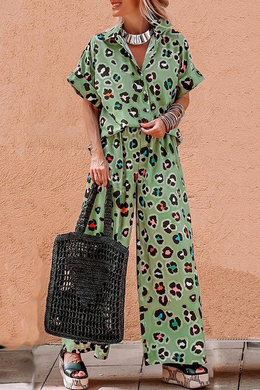 Leopard Collared Neck Top and Pants Set-TOPS / DRESSES-[Adult]-[Female]-Sage-S-2022 Online Blue Zone Planet