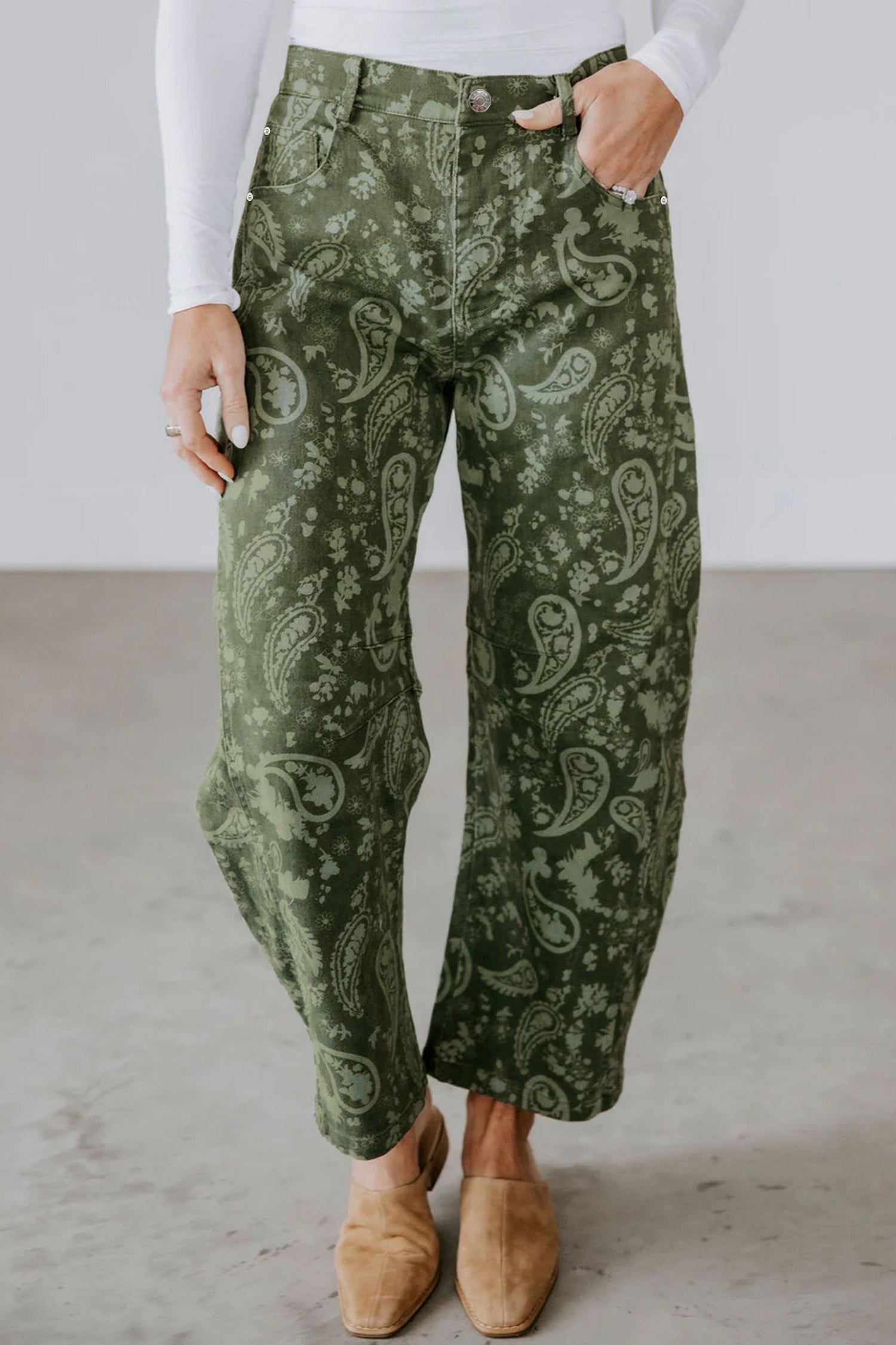 Green Paisley Print Harem Denim Pants-Bottoms/Jeans-[Adult]-[Female]-2022 Online Blue Zone Planet