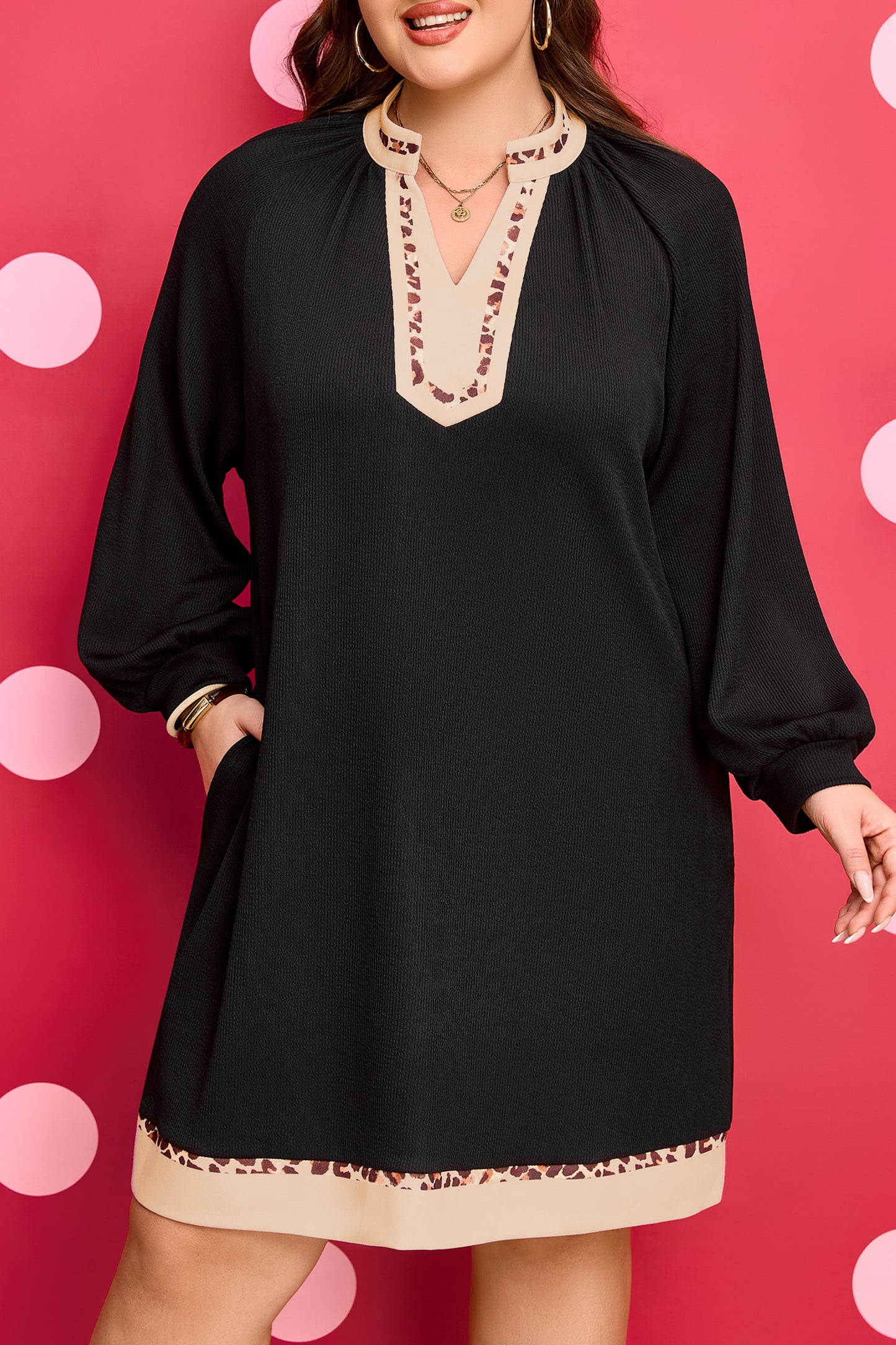 Black Contrast Color Block Leopard Trim Plus Size Ribbed Dress-TOPS / DRESSES-[Adult]-[Female]-2022 Online Blue Zone Planet