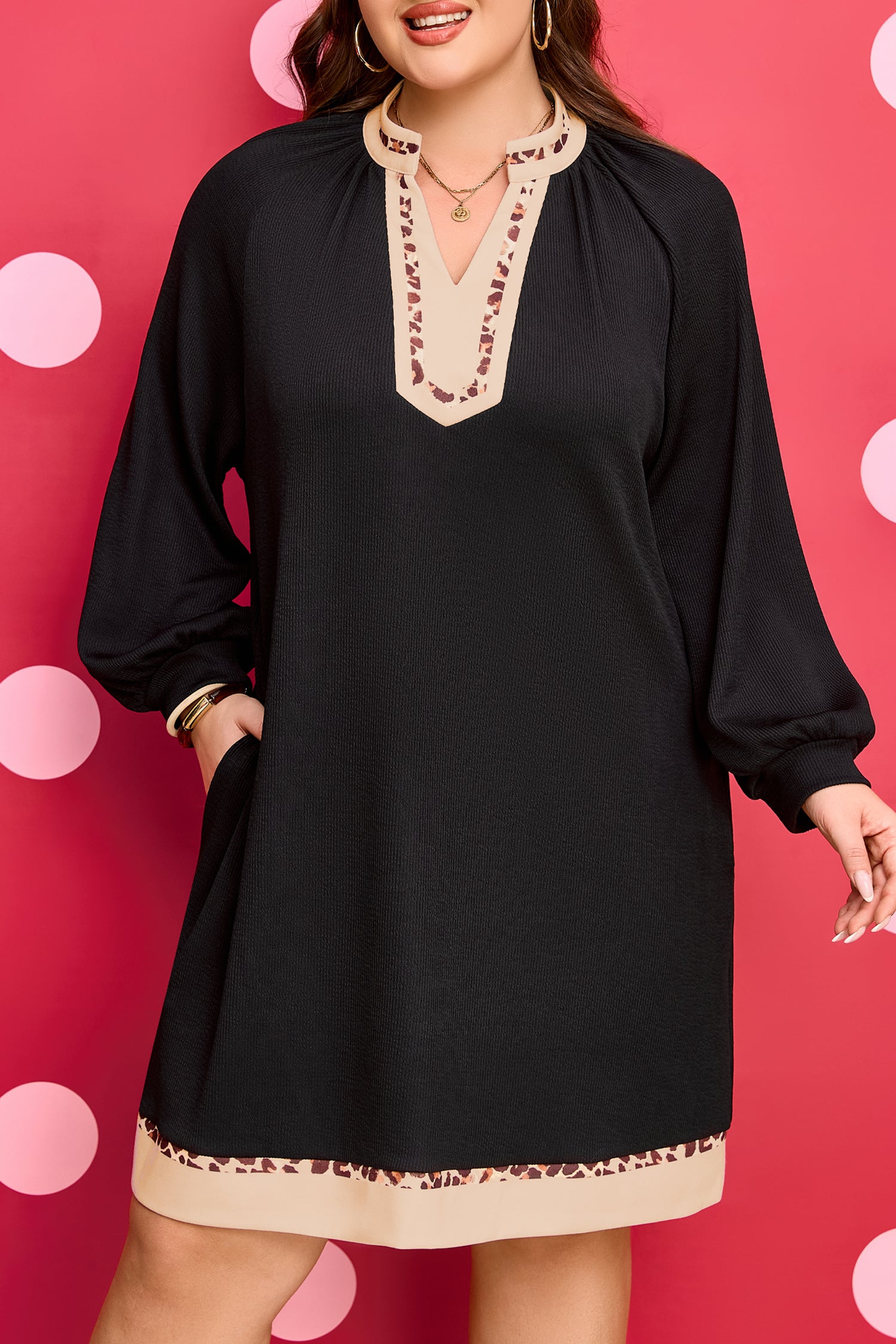 Black Contrast Color Block Leopard Trim Plus Size Ribbed Dress-TOPS / DRESSES-[Adult]-[Female]-2022 Online Blue Zone Planet