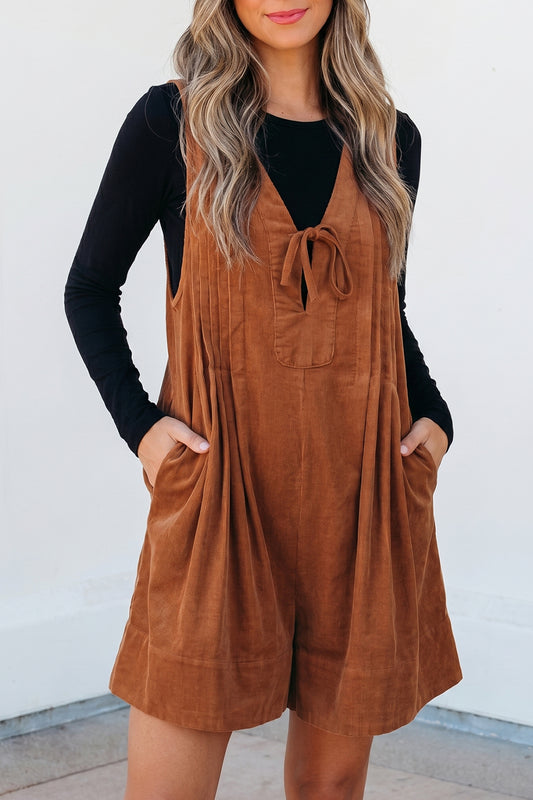 Cinnamon Solid Color Tie V Neck Sleeveless Corduroy Romper-Bottoms/Jumpsuits & Rompers-[Adult]-[Female]-Cinnamon-S-2022 Online Blue Zone Planet