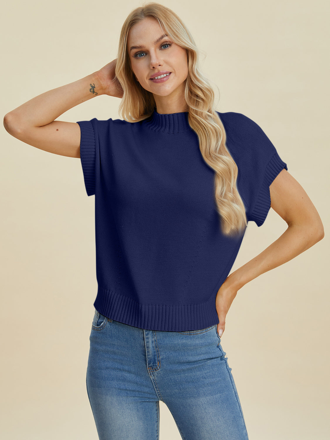 Double Take Full Size Mock Neck Short Sleeve Sweater-TOPS / DRESSES-[Adult]-[Female]-2022 Online Blue Zone Planet