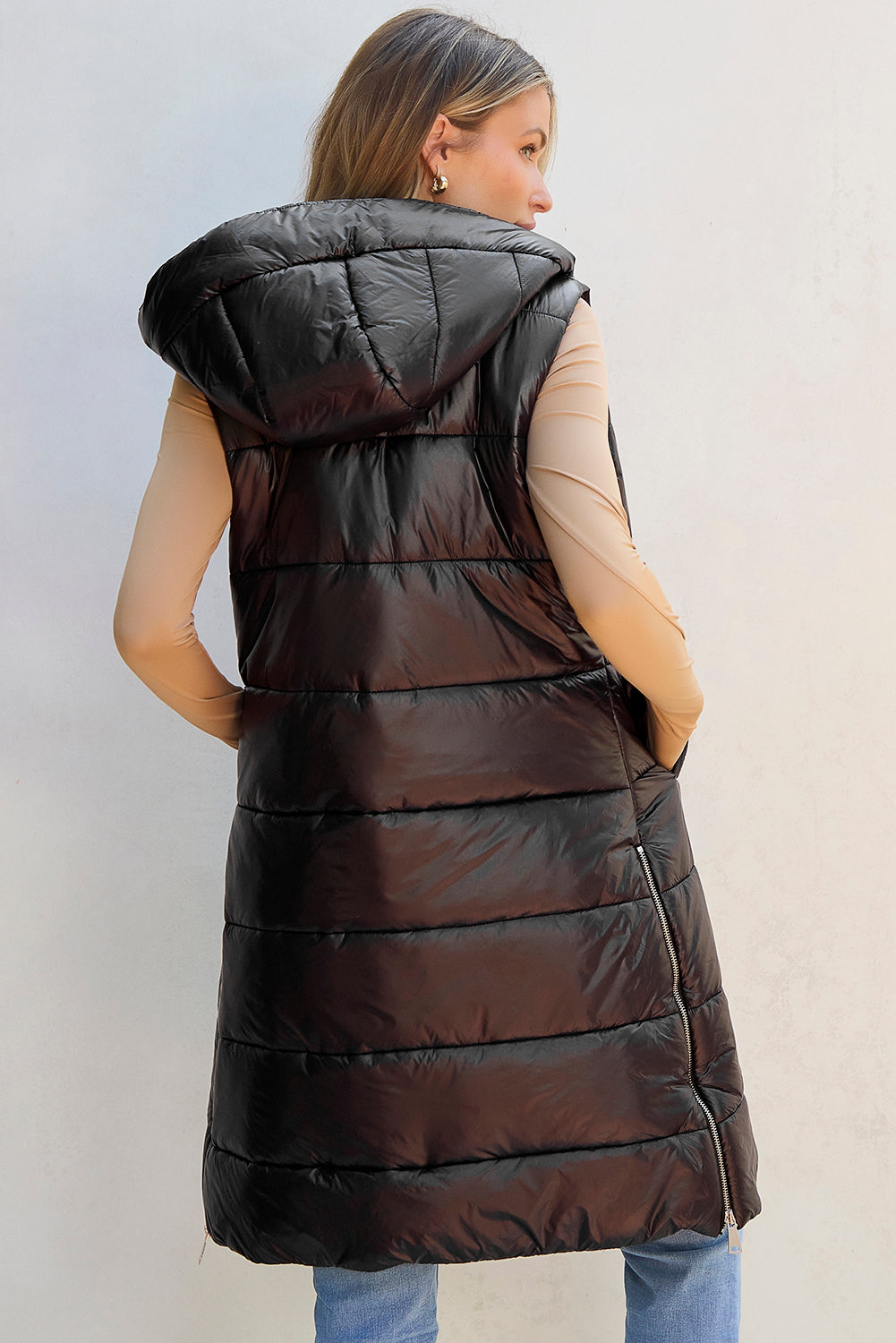 Black Hooded Long Quilted Vest Coat-Outerwear/Vests-[Adult]-[Female]-2022 Online Blue Zone Planet