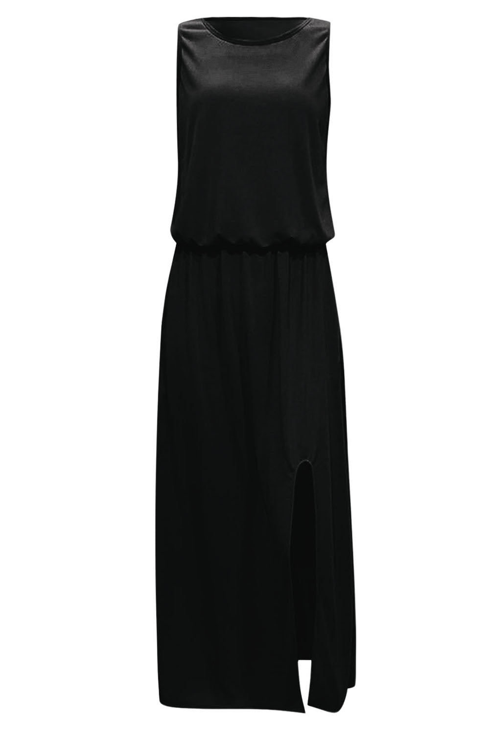 Black Solid Sleeveless Tunic Maxi Dress with Split-Dresses/Maxi Dresses-[Adult]-[Female]-2022 Online Blue Zone Planet