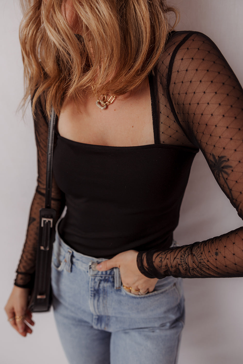 Black Polka Dot Mesh Long Sleeve Square Neck Bodysuit-Tops/Bodysuits-[Adult]-[Female]-2022 Online Blue Zone Planet