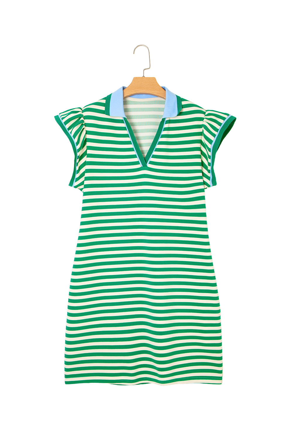 Green Stripe Print Contrast Collar Split Neck Flutter Sleeve Short Dress-TOPS / DRESSES-[Adult]-[Female]-2022 Online Blue Zone Planet